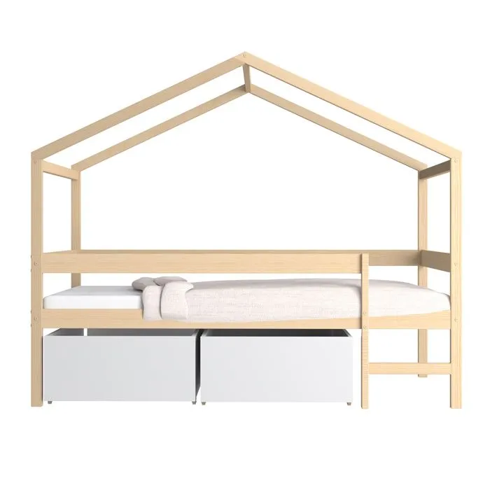 Lit cabane - MIKA - 90x190 - Bois massif - 2 tiroirs - Naturel & blanc-2