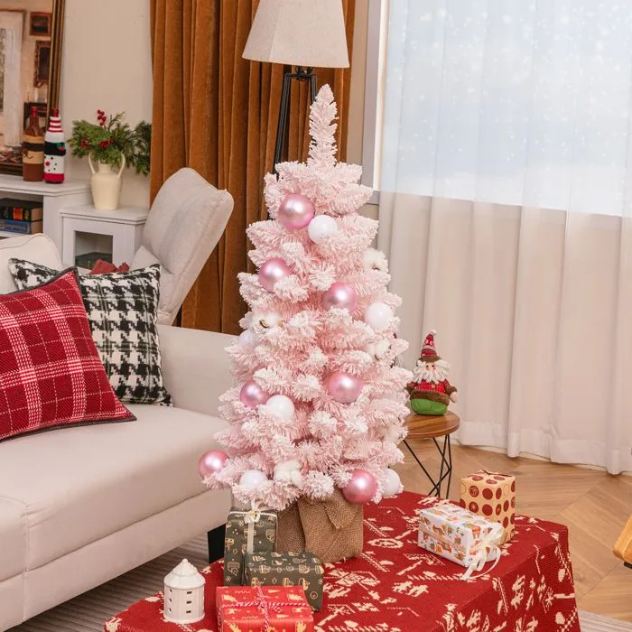 COSTWAY Mini Sapin de Noël Artificiel Pré-décoré 90 cm, 12 Boules de Coton Naturel, 24 Boules Décoratives, Base en Ciment, Rose-0