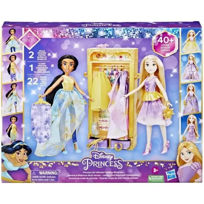 Disney Princesses Le dressing de Jasmine et Raiponce, armoire avec tenues pour poupées, jouet pour enfants, dès 3 ans-4