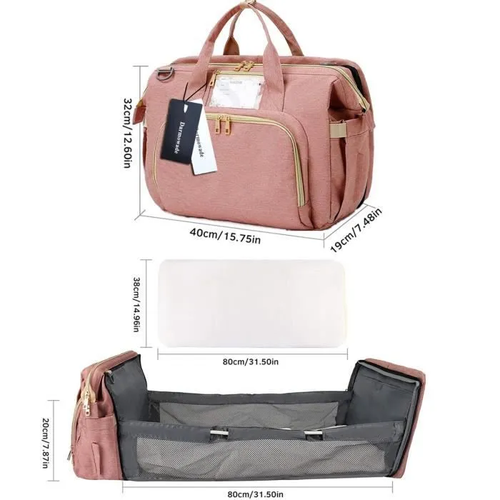 Sac de Messager à Langer pour Bébé, Grande Capacité Sac à Couches Imperméable Lit de Bébé Pliable de Voyage Sac de Voyage,Rose-2