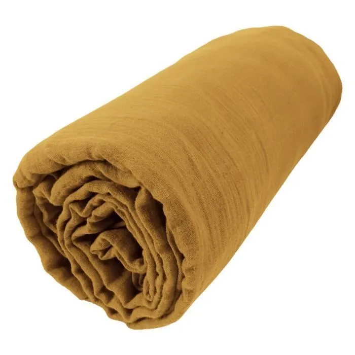 Drap housse - INTEX DECO - 180 x 200 cm - Double gaze de coton - Jaune safran - Extensible-0