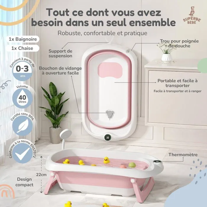 Baignoire bébé pliable - Thermomètre et transat inclus - LEAF - Pink | SUPERBE BEBE-1