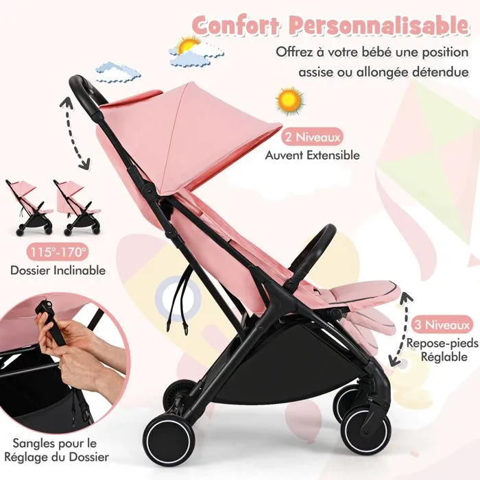 COSTWAY Poussette Compacte Pliant à une Main Dossier Incliné 100°-145° et Auvent Repose-pieds Réglables Structure en Aluminium Rose-1