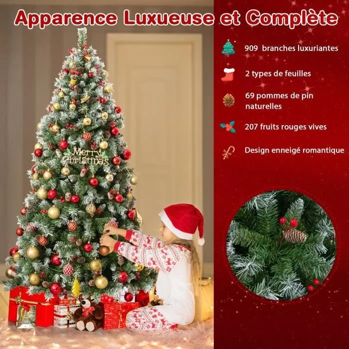 COSTWAY Sapin de Noël Pré-Éclairé Artificiel de 195cm avec 420 Lumières LED, 8 Modes d'Éclairage, Baies Rouges & Pommes de Pin-1