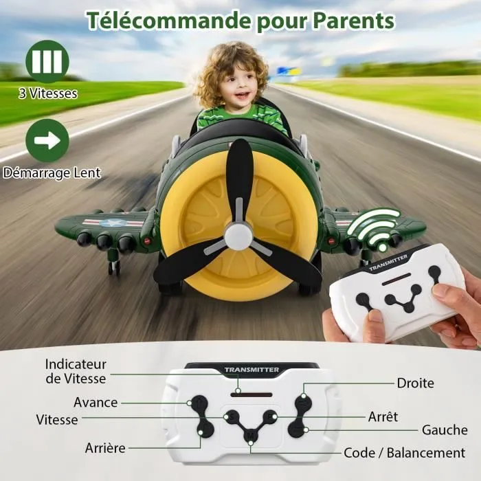 COSTWAY Avion Voiture Électrique Enfant avec Joysticks, Télécommande 2,4 G, Ailes Pliables et Hélice, Dérivable, 3 Ans+, Vert-2
