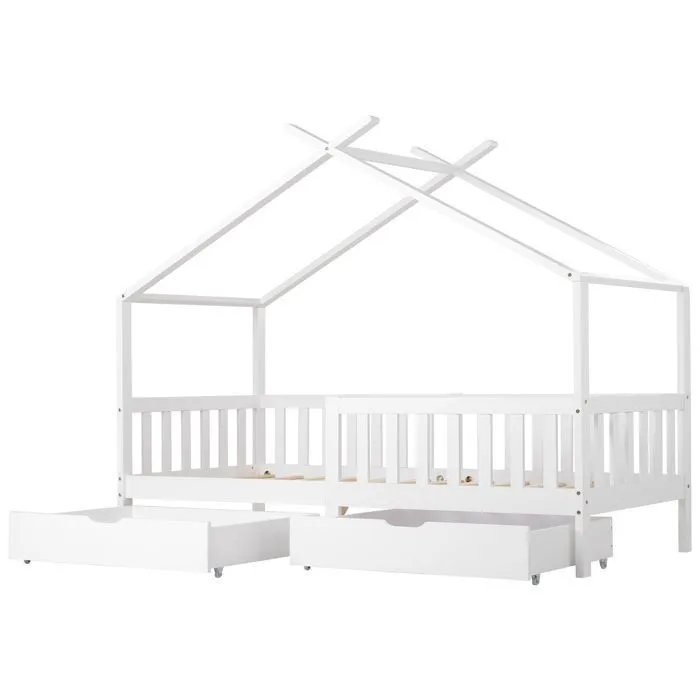 Lit cabane pour enfant - LIBERTÉ - 200x90 cm - Bois massif - 2 tiroirs - Blanc-5