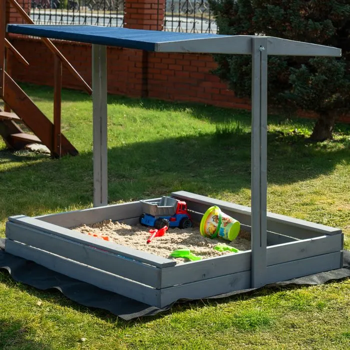 Bac à sable en bois avec toit - Springos® - 120 x 120 cm - Imprégnation à base d'eau - Gris - Bancs intégrés-1