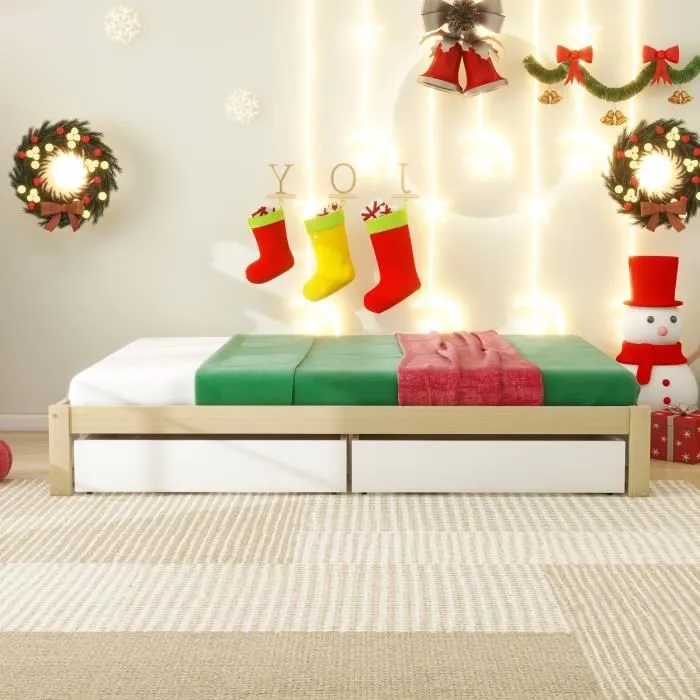 Lit simple enfant - DREAMMESPACE - 90x200 cm - Bois massif - 2 tiroirs - Sommier inclus-1