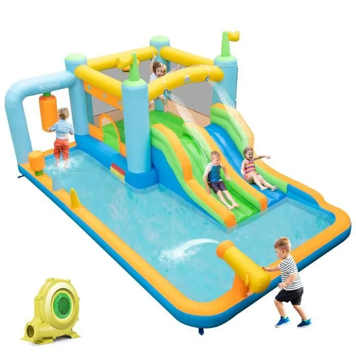 COSTWAY Château Gonflable-Toboggan Aquatique Géant pour Enfants, avec Souffleur, Canon à Eau et Sac de Sable de Boxe, 503x348x228cm-0