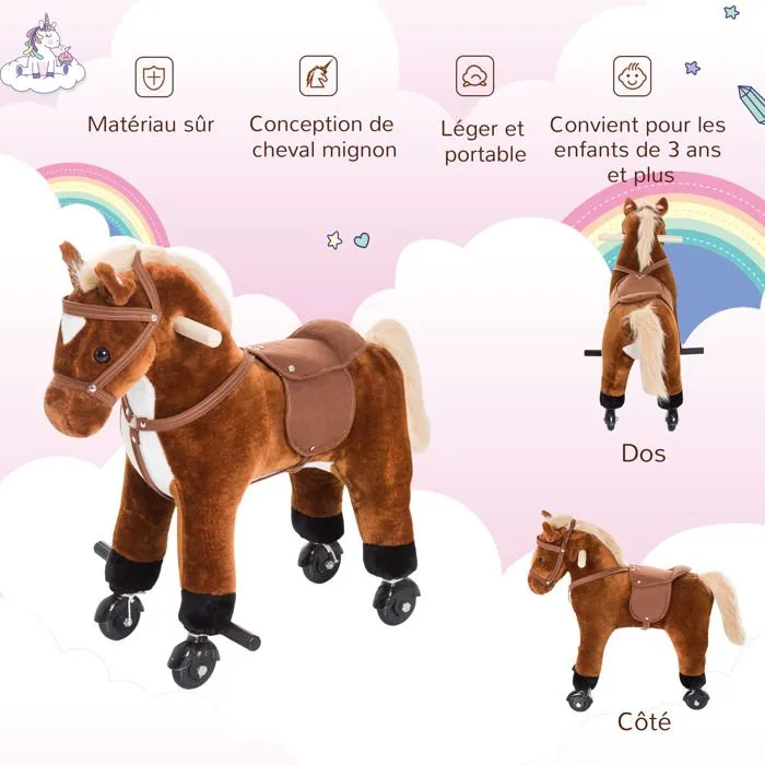 Cheval pour enfant - HOMCOM - +36 mois avec 4 roulettes - effet sonore, repose-pieds et guidon - Charge 60 kg 55x23x60 cm - Marron-5