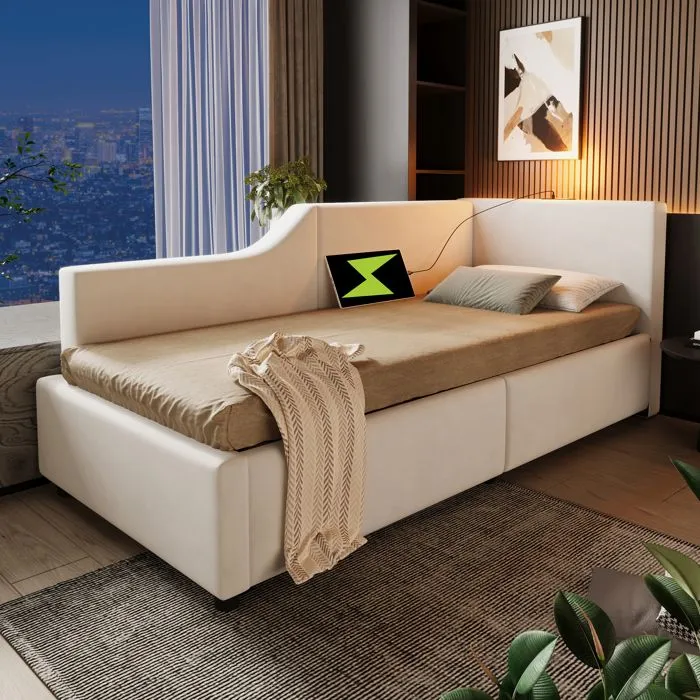 Lit coffre - Velours - 90x190cm - Beige - Avec liseuse - Ports USB-C - Sommier à lattes-0