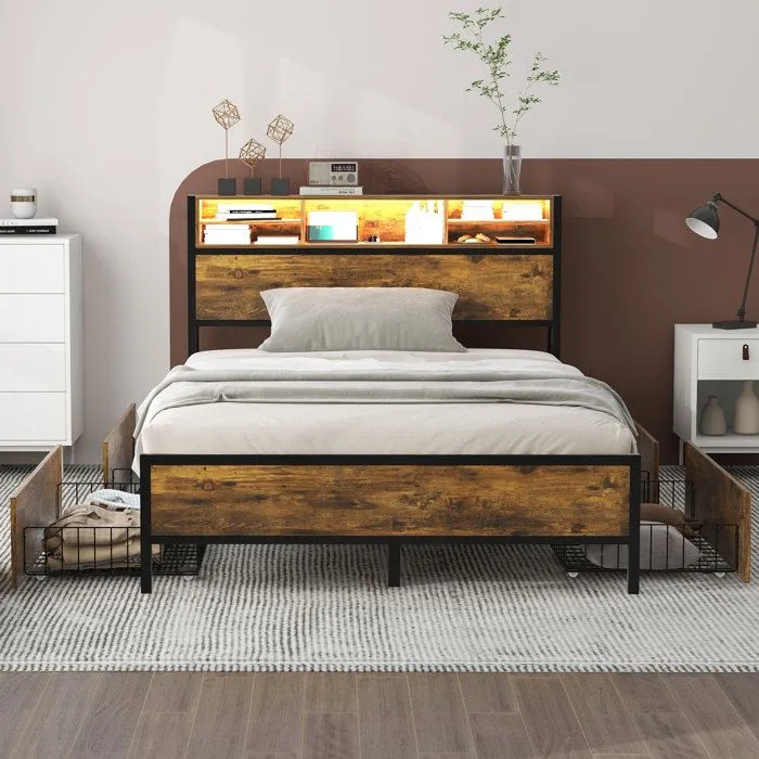 Lit double 140x200 cm, cadre de lit adulte avec 4 tiroirs et étagères, LED et USB, structure en métal, style industriel, marron-1