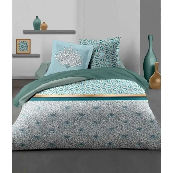 Parure de couette 140x200 cm HOME LINGE PASSION LOUXOR : Housse de couette + 1 taie d'oreiller - 100% Coton 57 Fils - Vert émeraude-2