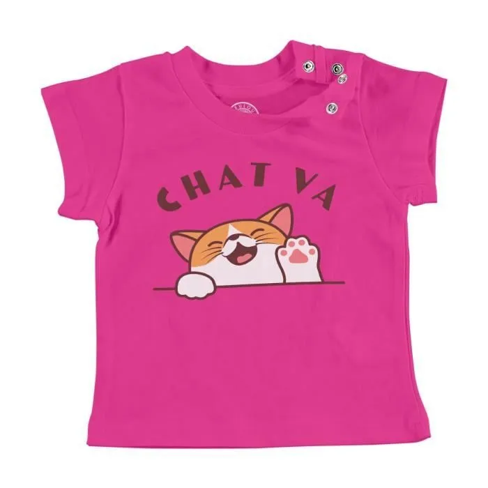 T-shirt Bébé Manche Courte Rose Chat va Chaton Humour Jeu de mot Dessin-0