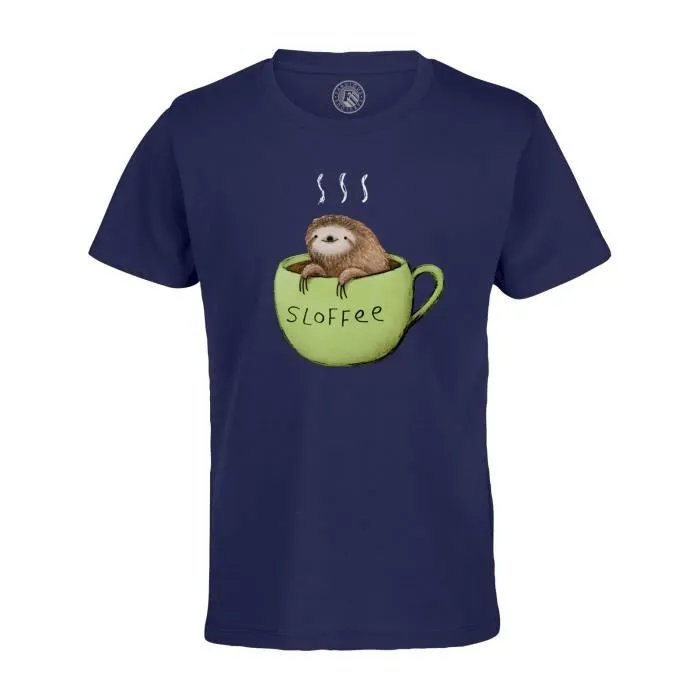 T-shirt Enfant Bleu Sloffee Illustration Pun Jeux de Mot Animal Faineant Café-0