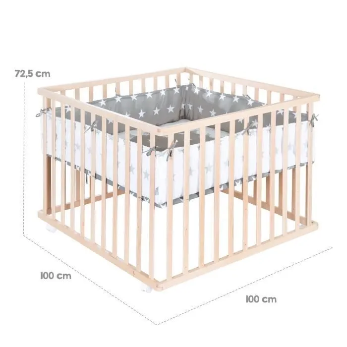 ROBA Parc Bébé 100 x 100 cm Mobile en Bois Massif Bio + Tour de Parc Gris Étoilé - Hauteur Réglable - Naturel-2