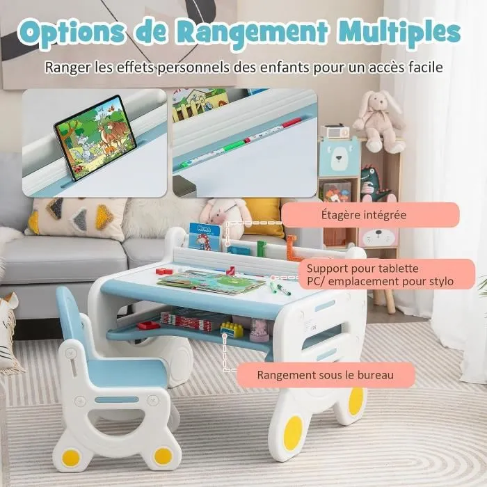 COSTWAY Table et Chaise pour Enfants à Dessin - 5 Stylos, Gomme, Espace de Rangement Caché 3-8 Ans Bleu-3