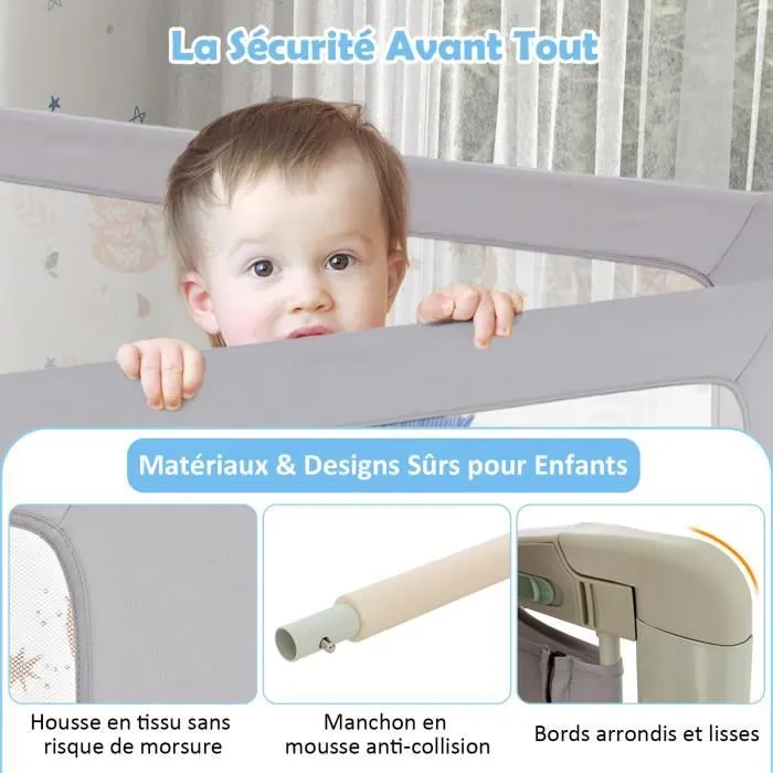 COSTWAY Barrière de Lit pour Enfant Portable 180x47CM 4 Hauteur Réglable Soulèvement Vertical,Double Verrou de Sécurité 0-3 Ans Gris-2