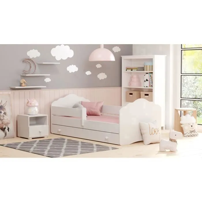 Lit enfant 160 x 80 cm + tiroir + sommier + matelas + barrière de protection-1