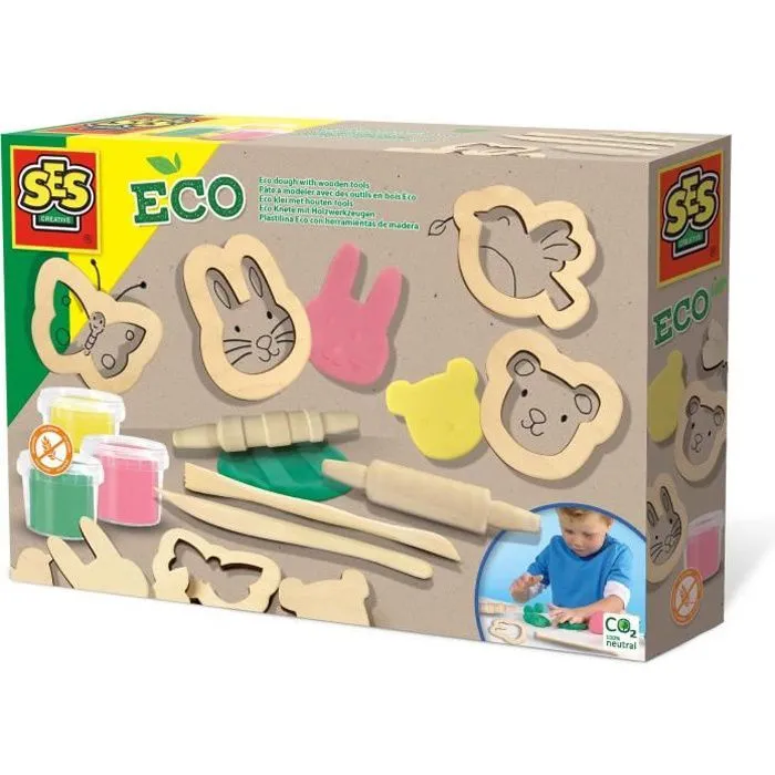 Kit pâte à modeler SES CREATIVE avec outils en bois Eco - 3 couleurs - Pour enfant à partir de 3 mois-0