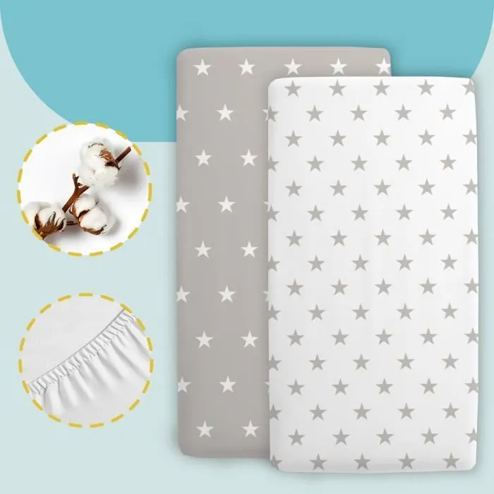 Ensemble drap housse poussette couffin - 2 x housse + protège matelas 120 x 60 cm étoiles blanc gris-2