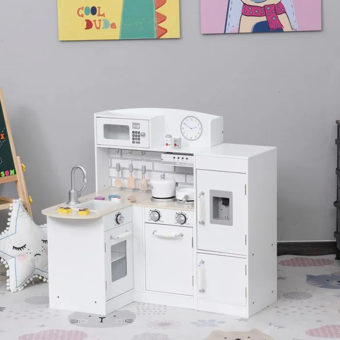 Cuisine bois jeu d'imitation - cuisine enfant - nombreux accessoires & rangements inclus - MDF pin blanc-1