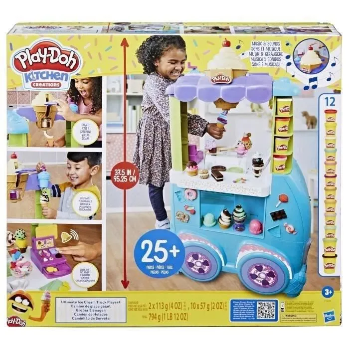 PlayDoh Camion de glace géant, Coffret Kitchen Creations, 27 accessoires, 12 pots de pâte à modeler, sons réalistes, dès 3 ans-2