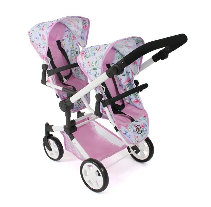 Bayer chic - 690-53 - 2000 - Poussette de poupee Linus Duo, Landau jumeau pour Enfants de 4 a 8 Ans, Fleurs, Rose-3