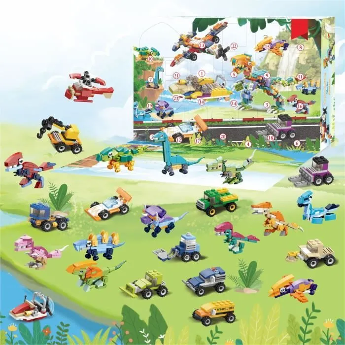 Calendrier de L'Avent Enfant Jeux de Construction,24 Jouets Animaux Dinosaure en Briques Jouets de Voiture Compte à rebours de Noël-1