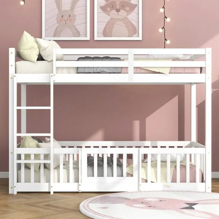 Lit superposé - Enfant - Bois massif - Blanc - 90x200 cm - Sécurisé avec barrière-1