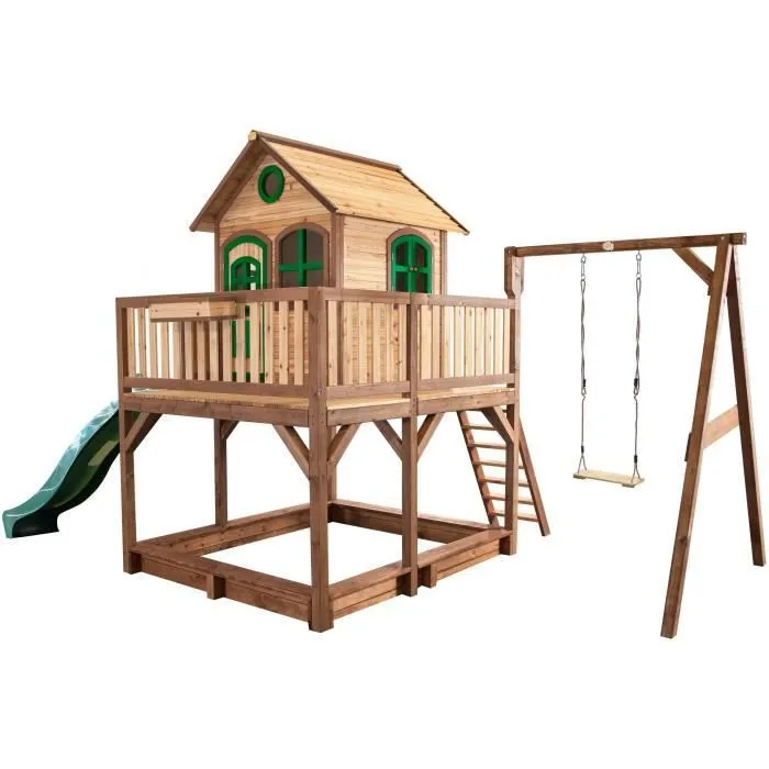 AXI Liam Maison Enfant avec Bac à Sable, Balançoire & Toboggan vert | Aire de Jeux pour l'extérieur en marron & vert | Maisonnette-0