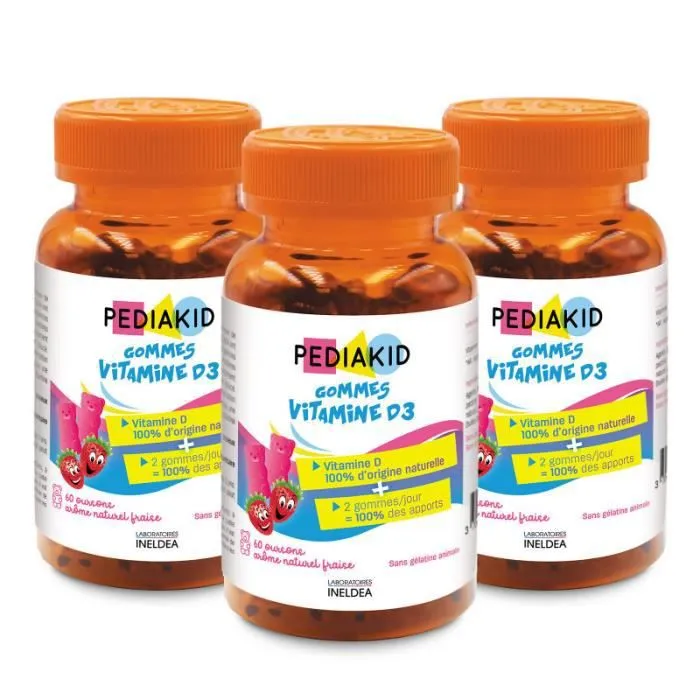 Lot de 3 PEDIAKID Gommes Vitamine D3 - Complément Alimentaire Enfant - Croissance & Resistance - Arome Naturel Fraise-0