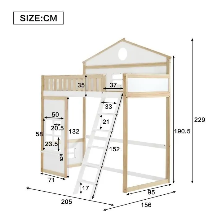 Lit mezzanine - Enfant - 90x200cm - Blanc + Naturel - Toit et fenêtres - Sécurisé avec balustrades-3