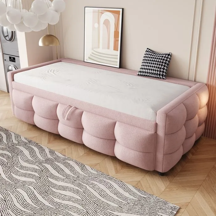 Lit gigogne - Non spécifié - 90/180x190cm - Tissu velours teddy - Rose - 2 places-2