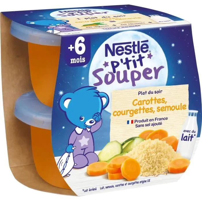 NESTLÉ Ptit Souper Plat du soir Carottes courgettes semoule avec du lait - 2x200 g - Dès 6 mois-0