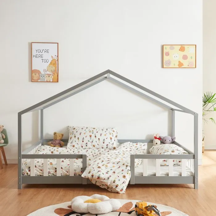 Lit d'enfant Treviolo Forme Maison avec Matelas à Mousse à Froid 200 x 120 cm gris-1