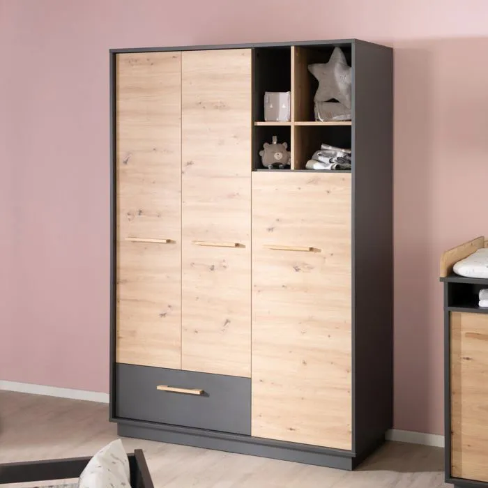 Armoire Bébé 3 Portes Lenn - ROBA - Anthracite / Chêne Artisan - Élégance et Praticité-1