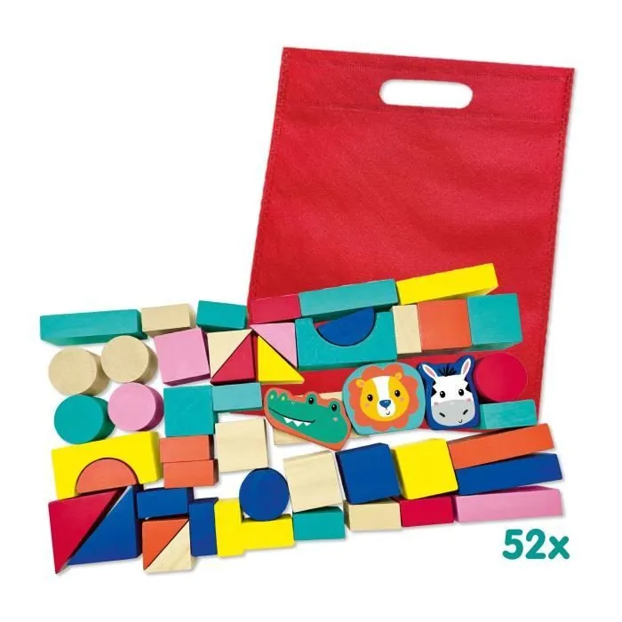 SES CREATIVE Blocs de construction en bois - 50 pièces - Dès 12 mois - 47 blocs, 3 figurines de jeu à tête d’animaux en bois, Sac-1