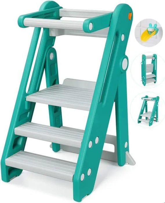 Tour d'observation Montessori Enfant, Marchepied pour Enfants réglable en Hauteur de 2 à 3 marches, Pliable, Sécurité, Vert-0