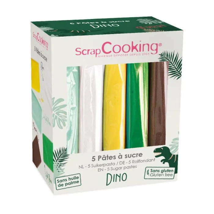 Kit 5 pâtes à sucre - Dinosaure vert d'eau, blanc, jaune, vert foncé, marron-0