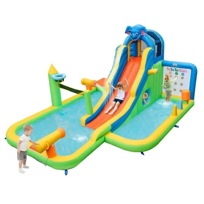 COSTWAY 9 en 1 Château Gonflable en Forme Éléphant avec Toboggan & Mur d'Escalade pour Enfants, 378 x 469 x 250 CM, sans Souffleur-0