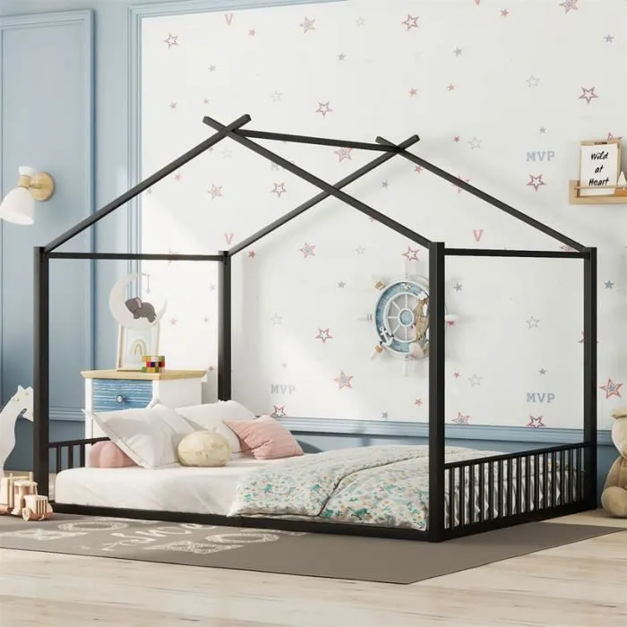 Lit cabane - DREAMMESPACE - 140x200cm - Métal noir - Design enfant - Sommier inclus-0