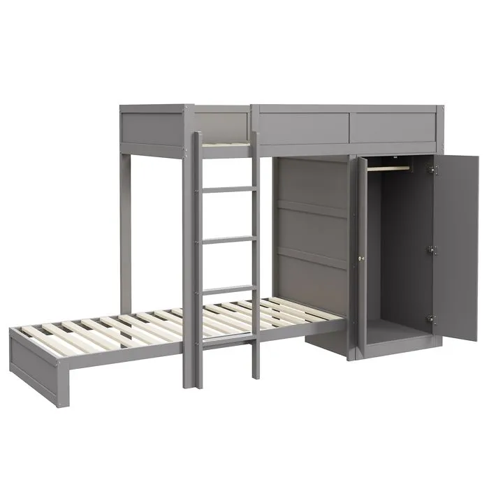 Lit superposé 90x200cm - Gris - Armoire intégrée - 2 places - Bois de pin - Escalier sécurisé-3