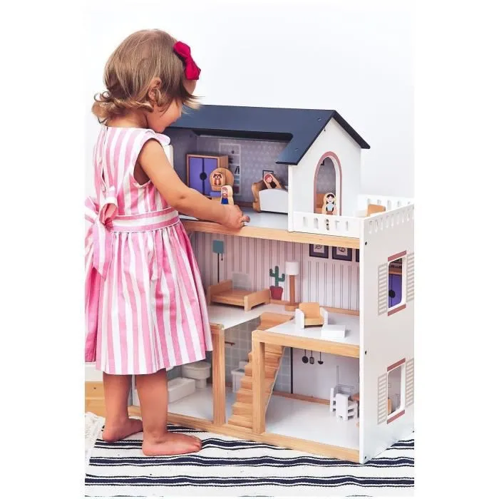 Mamabrum Maison de Poupées en Bois avec Grande Terrasse 4 Figurines, 3 Etages, 2 Chambres, Cuisine, Salon & 19 Pièces Mobiles (CE)-2