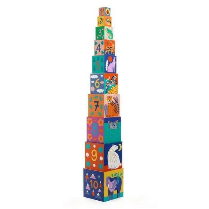 Cubes à empiler Animaux sauvages - DJECO - 10 cubes en carton épais - Mixte - 12 mois+-1