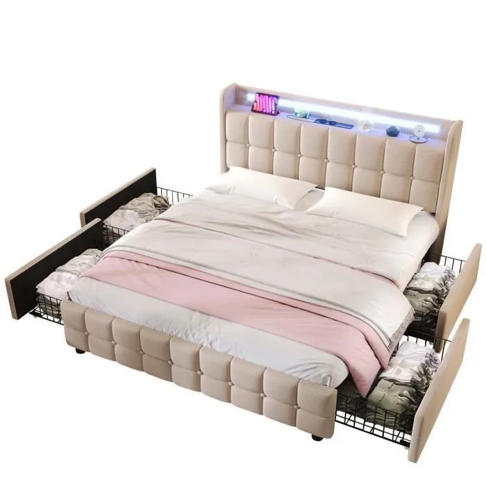 MODERNLUXE Lit adulte 160x200cm - lit rembourré - 4 tiroirs - LED et 2 ports USB - sommier à lattes - tissu en lin - beige-1