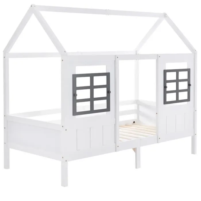Lit cabane enfant 90x200cm,avec barrière de protection,fille,garcon,cadre en bois massif,blanc,avec 2 fenêtre-0