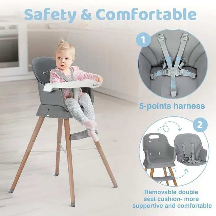 Chaise haute rehausseur, tabouret de bar, chaise haute multifonctionnelle 6 en 1, pieds en bois, à partir de 6 mois, gris-1