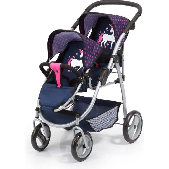 BAYER Poussette jumelle pour poupée licorne bleu et rose vif réglable-0