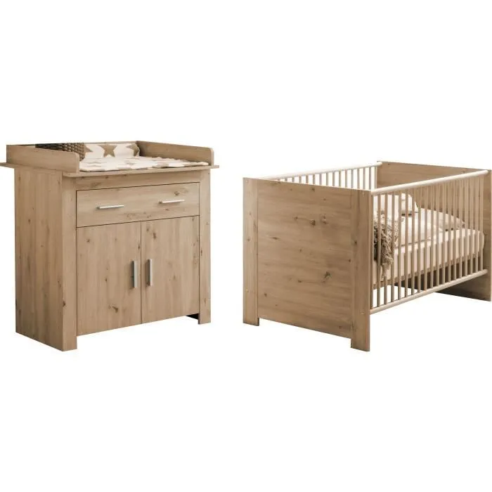 Chambre bébé Duo : Lit 70 x 140 cm + Commode à langer AHOI - Chêne - TREND TEAM-1